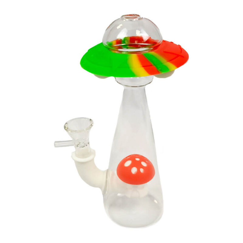 Mushroom Spaceship Glass Silicone Bongo - glows in the dark 18cm