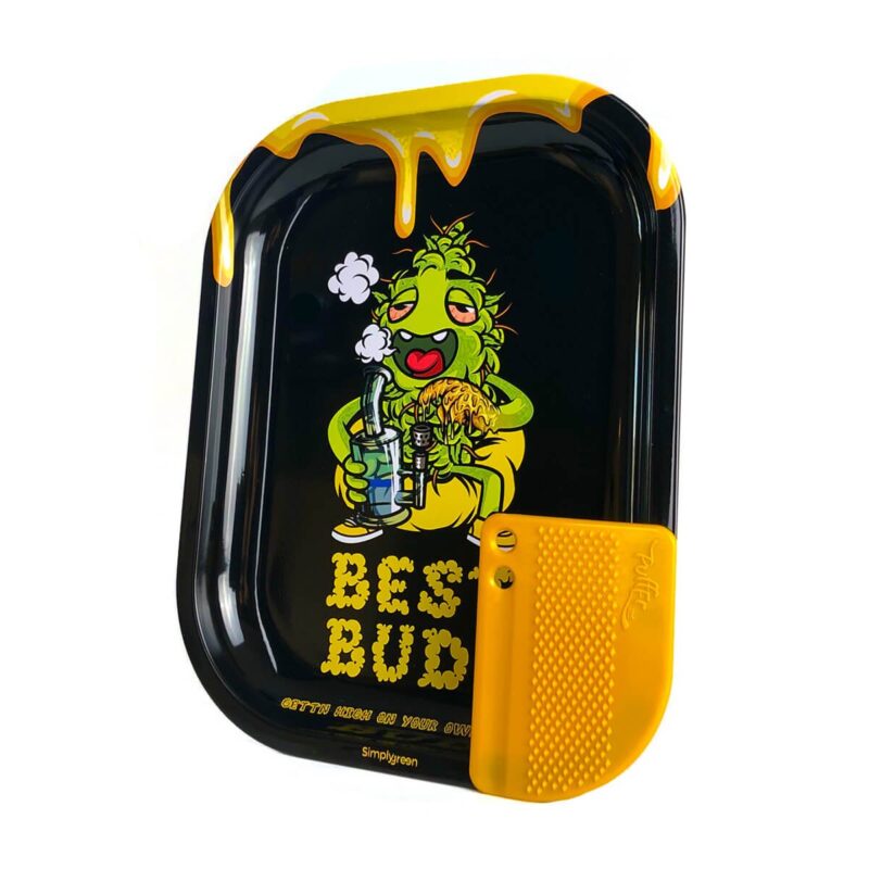 Bandeja giratoria y enrollable de metal pequeña Best Buds Dab-All-Day con tarjeta de molinillo