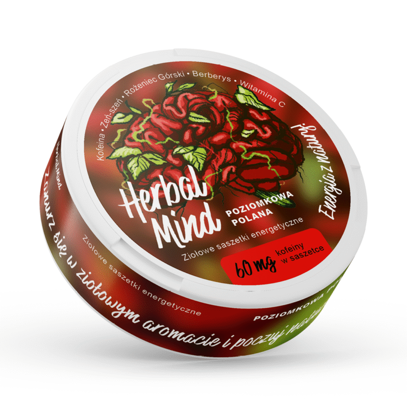 Ziołowe woreczki energetyczne HerbalMind POZIOMKOWA POLANA saszetki kofeina - Snus